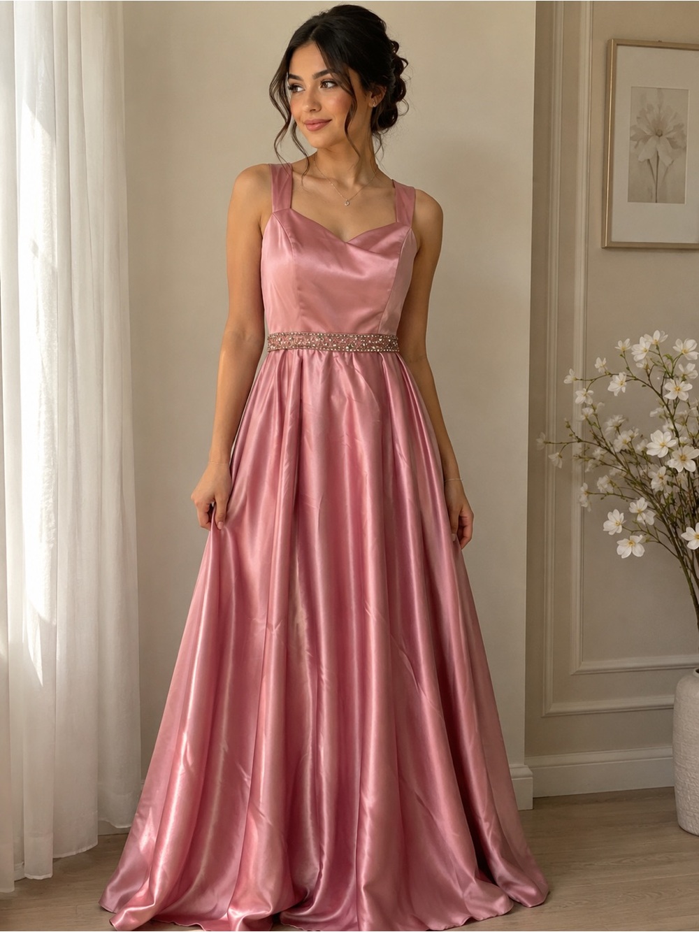 Blush Pink Satin Prom Gown with Beaded Waist